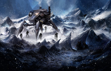 Картинка фэнтези роботы +киборги +механизмы иной мир горы скалы робот механоид солдаты зима