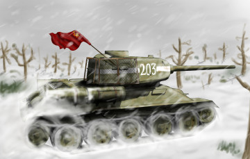 обоя рисованное, армия, флаг, снег, танк