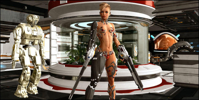 Обои картинки фото 3д графика, фантазия , fantasy, взгляд, девушка, робот, оружие, фон