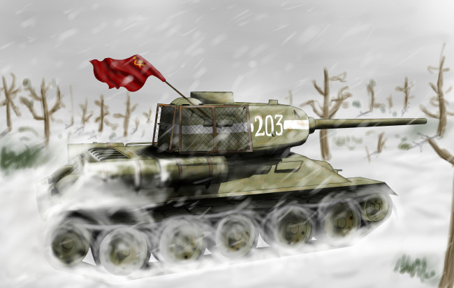 Обои картинки фото рисованное, армия, флаг, снег, танк