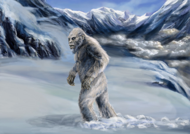 Обои картинки фото фэнтези, существа, снежный, человек, существо, бигфут, горы, снег