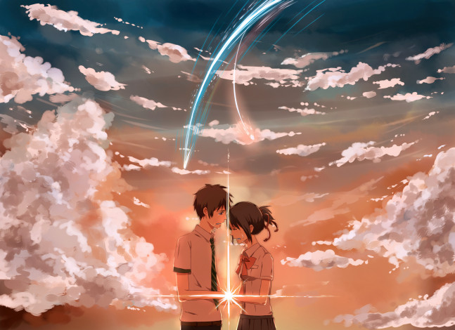 Обои картинки фото аниме, kimi no na wa, парень, фон, девушка, взгляд