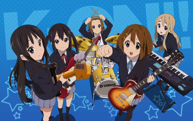 Обои картинки фото аниме, k-on, фон, взгляд, девушки