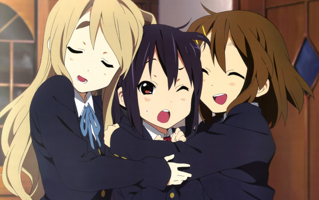 Обои картинки фото аниме, k-on, взгляд, фон, девушки