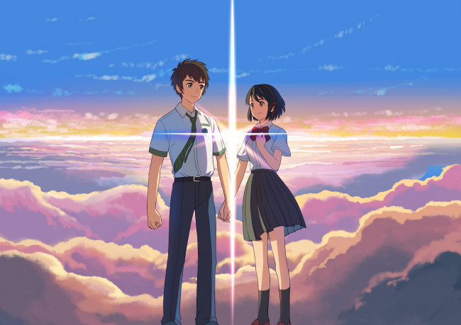 Обои картинки фото аниме, kimi no na wa, фон, парень, взгляд, девушка