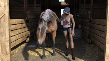 Картинка 3д+графика люди+и+животные+ people+and+animals взгляд фон девушка лошадь
