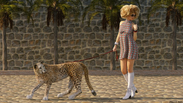 Картинка 3д+графика люди+и+животные+ people+and+animals тигр девушка взгляд фон