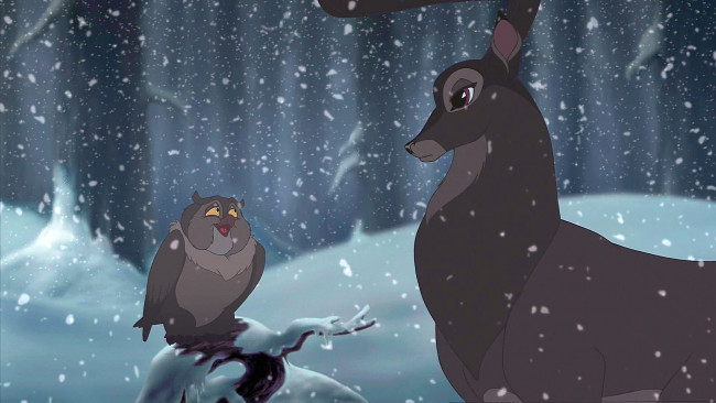 Обои картинки фото мультфильмы, bambi 2, олень, зима, снег, сова, птица