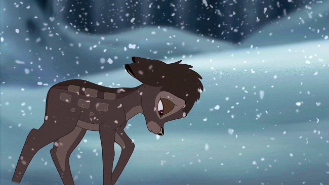 Обои картинки фото мультфильмы, bambi 2, снег, олененок, детеныш, зима