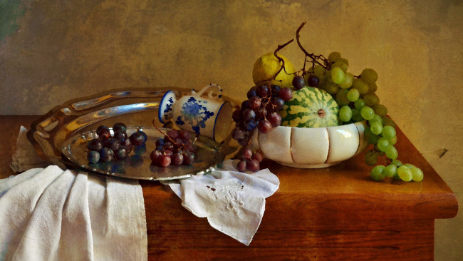 Обои картинки фото рисованное, еда, фрукты, посуда, салфетка, металл, поднос, лето, картина, фарфор, виноград, плоды, натюрморт, ваза