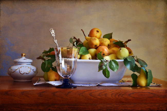Обои картинки фото рисованное, еда, лето, посуда, бокал, вино, натюрморт, фрукты, стекло, груши
