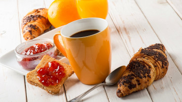 Картинка еда разное апельсин круассан кофе джем завтрак