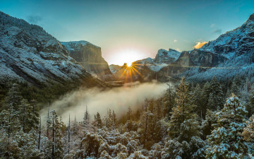 Картинка yosemite+national+park usa природа восходы закаты лес пейзаж горы утро национальный парк йосемити сша сьерра-невада калифорния восход туман