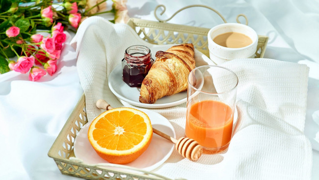 Обои картинки фото еда, разное, джем, апельсин, завтрак, кофе, сок, круассан