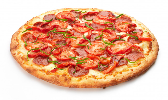 Обои картинки фото еда, пицца, помидоры, сыр, колбаса