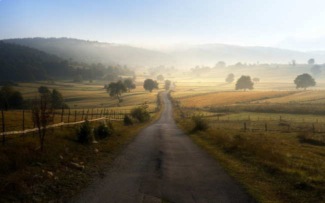 Обои картинки фото природа, дороги, поля, дорога, в, даль, bosnia, and, herzegovina, утренний, туман