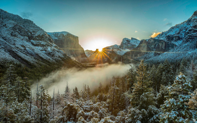 Обои картинки фото yosemite national park, usa, природа, восходы, закаты, лес, пейзаж, горы, утро, национальный, парк, йосемити, сша, сьерра-невада, калифорния, восход, туман
