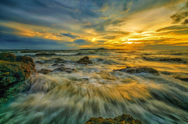 Обои картинки фото природа, побережье, море, волны, закат