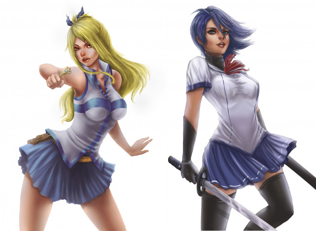 Обои картинки фото аниме, fairy tail, оружие, взгляд, фон, девушки