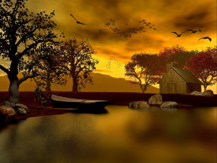 Картинка 3д графика nature landscape природа горы вода лодка птицы дом деревья