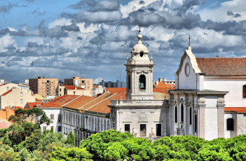 обоя лиссабон, португалия, города, дома, колокольня, крыши