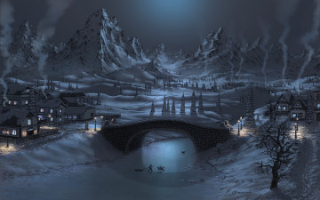 Картинка рисованные природа домики дети мост горы зима снег река лёд деревья