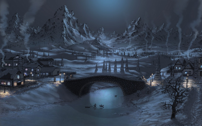 Обои картинки фото рисованные, природа, домики, дети, мост, горы, зима, снег, река, лёд, деревья