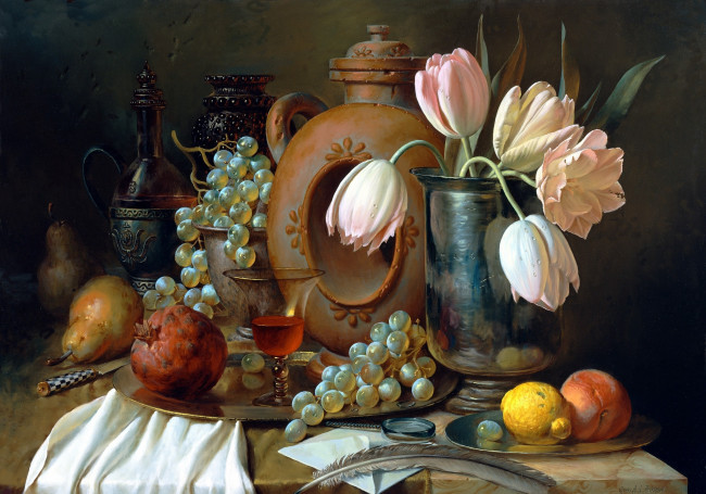 Обои картинки фото алексей, антонов, рисованные, ваза, перо, виноград, тюльпаны, лимон, бокал, груша, гранат, натюрморт