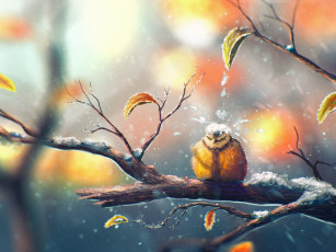 Картинка рисованные животные +птицы ветка птица погода листья капля синица