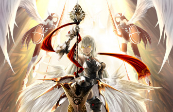 Картинка аниме -angels+&+demons ангел копье воин страж оружие меч шарф доспехи девушка xuemi lord of vermilion крылья ворота щит