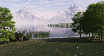 Картинка 3д+графика природа+ nature вершины горы небо озеро деревья камыш