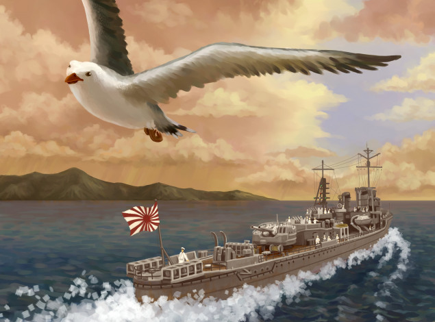 Обои картинки фото рисованные, армия, море, чайка, птица, корабль