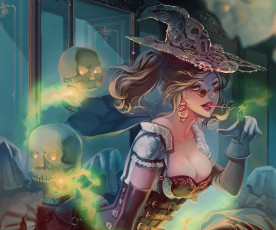Картинка фэнтези девушки арт черепа магия ведьма шляпа девушка