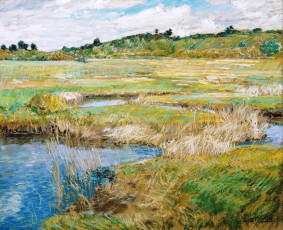 Картинка the+concord+meadow рисованное frederick+childe+hassam луга лужи озера трава