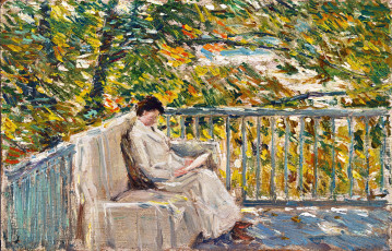 обоя the balcony, рисованное, frederick childe hassam, балкон, осень, деревья, диван, книги, чтение, женщина