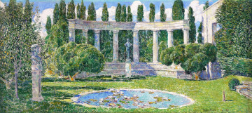 обоя the josiah bartlett garden amagansett long island, рисованное, frederick childe hassam, архитектура, озеро, статуи, трава, деревья, парк, сад, колонны