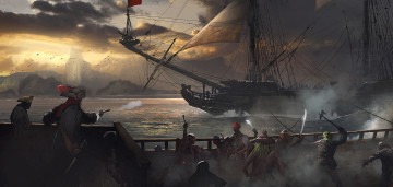 обоя фэнтези, корабли, сражение, парусники, море, пираты