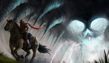 Картинка фэнтези нежить ураган лошадь всадник молния буря