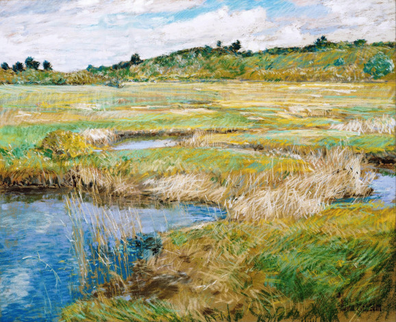 Обои картинки фото the concord meadow, рисованное, frederick childe hassam, луга, лужи, озера, трава
