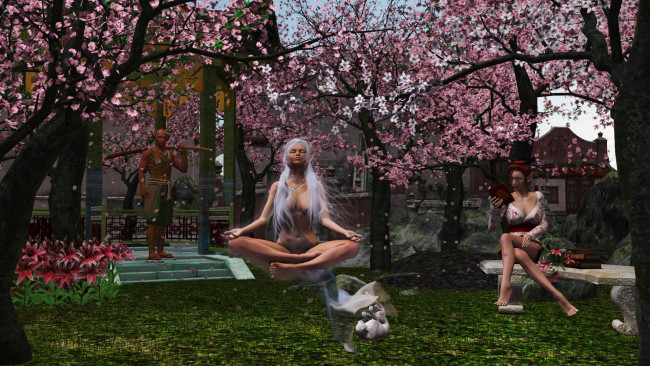 Обои картинки фото 3д графика, эльфы , elves, сакура, эльфийки, медитация, фон, взгляд