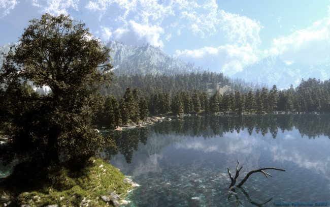Обои картинки фото 3д графика, природа , nature, горы, озеро, лес, облака