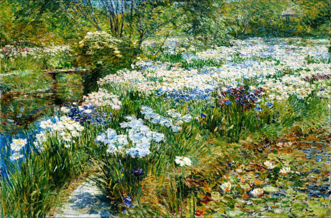 Обои картинки фото the water garden, рисованное, frederick childe hassam, трава, цветы, озеро, парк, сад