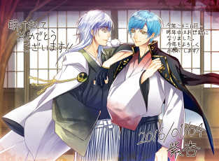 Картинка аниме touken+ranbu иероглифы перчатка ichigo hitofuri двое touken ranbu плащ tsurumaru kuninaga парни кимоно полоска голубые волосы