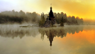 Картинка храм+андрея+первозванного города -+православные+церкви +монастыри озеро остров церковь туман