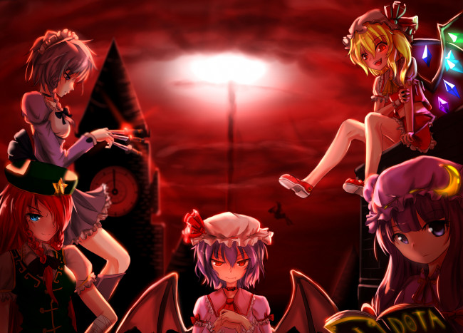 Обои картинки фото touhou, аниме, unknown,  другое, фон, взгляд, девушки