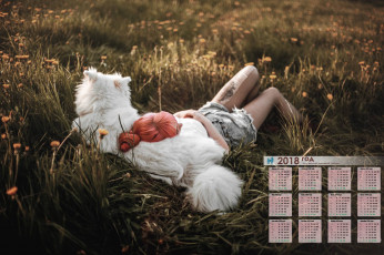 обоя календари, девушки, растения, собака