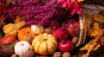 обоя еда, фрукты и овощи вместе, дары, осени, орехи, тыква, гранат, цветы, натюрморт, листья