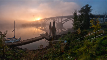 Картинка города -+пейзажи река туман мост