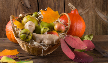 обоя еда, фрукты и овощи вместе, фрукты, дары, осени, груши, корзина, яблоки, листья