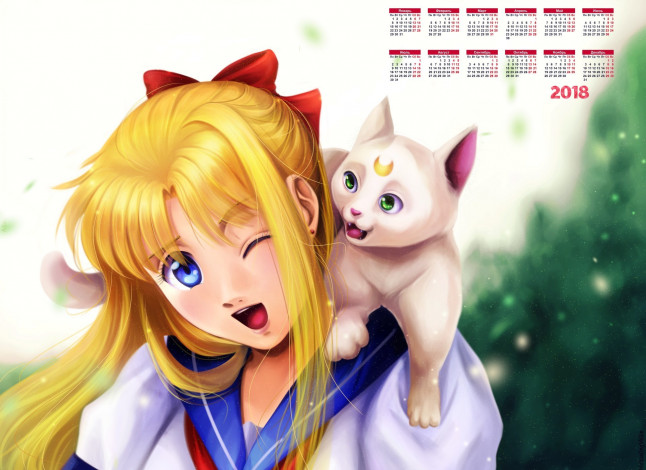 Обои картинки фото календари, аниме, кошка, бант, девочка